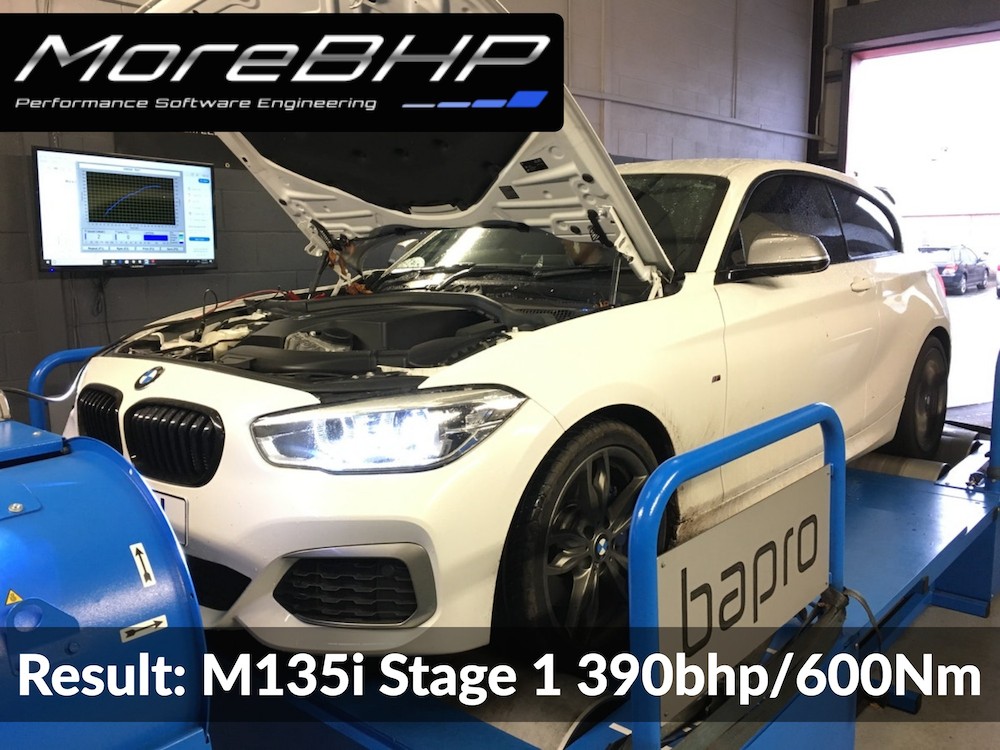 An M135i remapped on the rolling road at MoreBHP in Crewe making 390bhp and 600Nm torque.